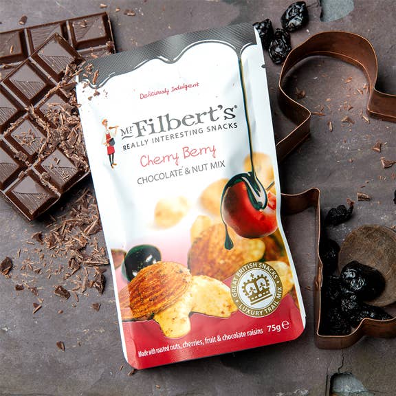 Cherry Berry Chocolate & Nut Mix 15 x 75g for wholesale by Mr Filbert's