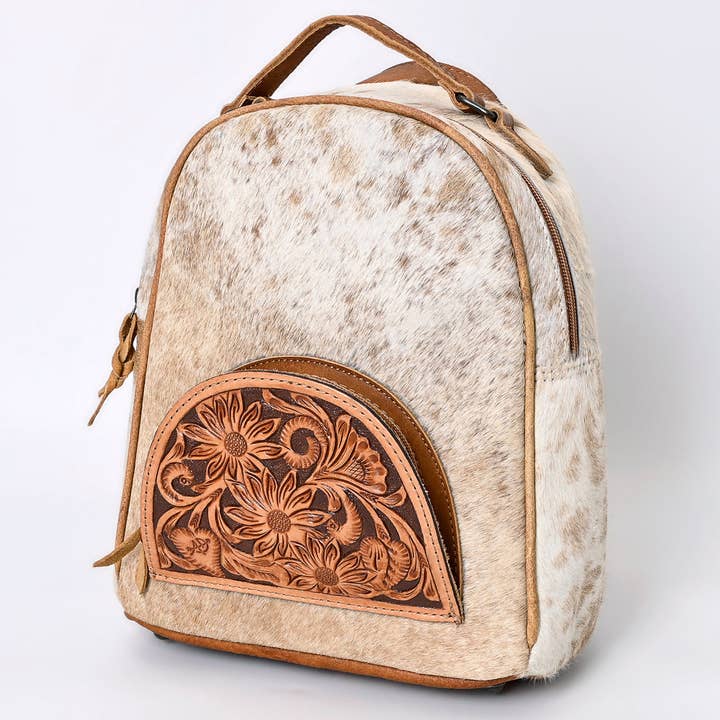 LS Western - Wholesale Backpack – Women's - ADBGS156 Natural Cowhide Leather Backpack with Hand-Tooled Floral Pocket - Western Style3