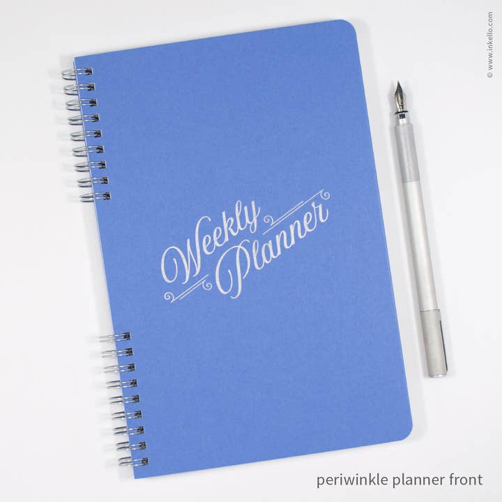 Weekly Planner with Periwinkle Cover + Silver Script Design for wholesale by Inkello Letterpress