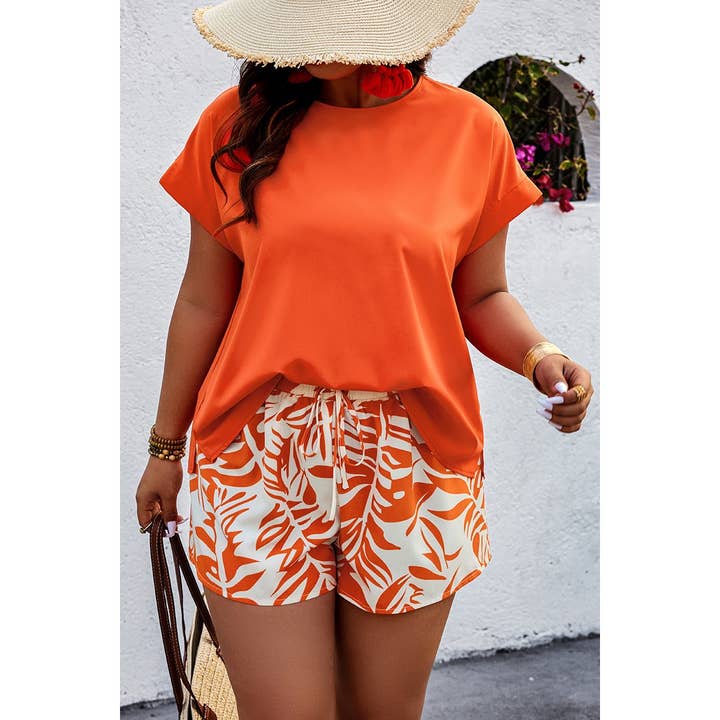 ORANGE Plus Size Solid Round Neck Shirt Print Shorts Set for wholesale on Faire