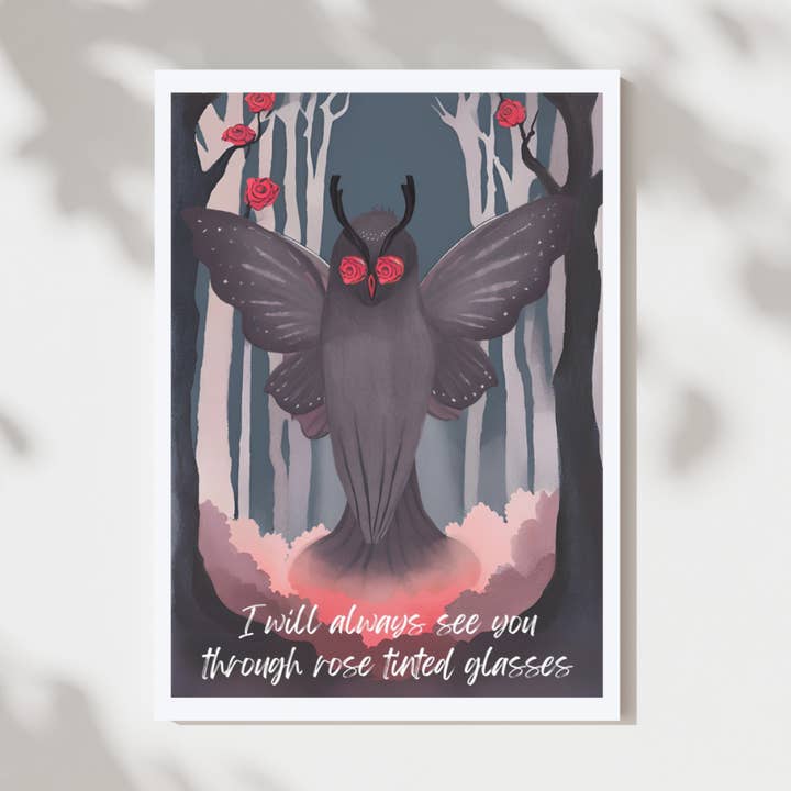 Mothman I will always see you with rose tinted glasses wall for wholesale by Cryptic Paper Co.