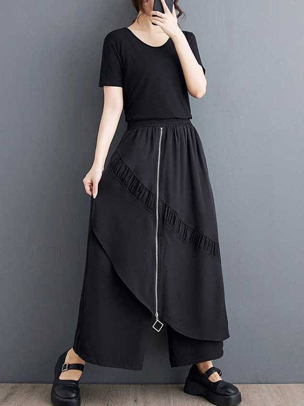 Plush Looks - Wholesale Pants - Women's - High Waisted Loose Elasticity Pleated Pockets Split-Joint Zipper Culotte Pants8