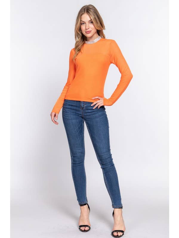 Org Orange Long Sleeve Mock Neck With Rhinestone Mesh Top for wholesale on Faire
