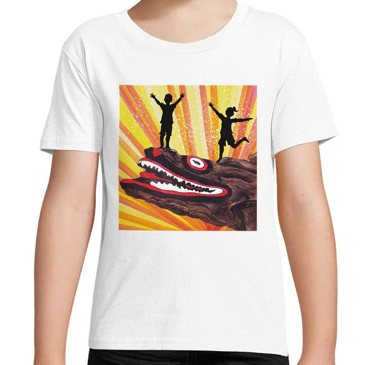 Organic Millport Crocodile Rock Sunrise Kids T-Shirt | Hand-drawn in Scotland for wholesale by Bold Bairns