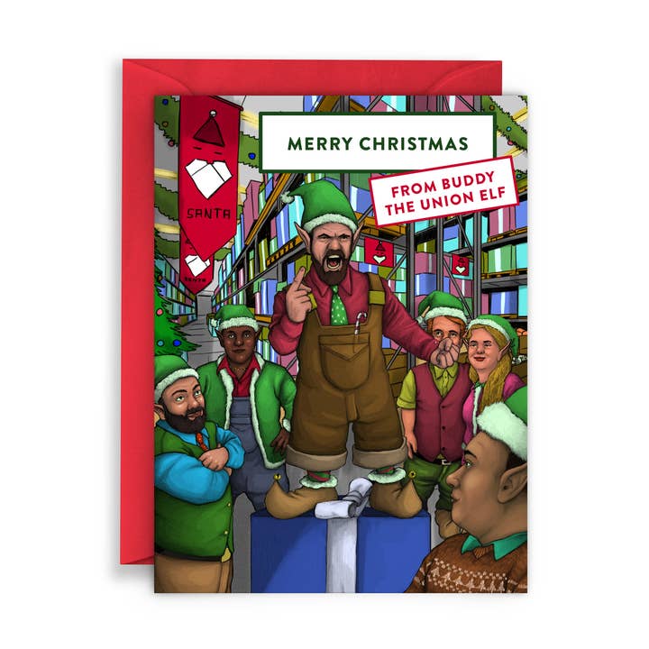 Carte de Noël amusante MERRY CHRISTMAS FROM BUDDY THE UNION ELF pour la vente par Virgins On Fire Candle Co.