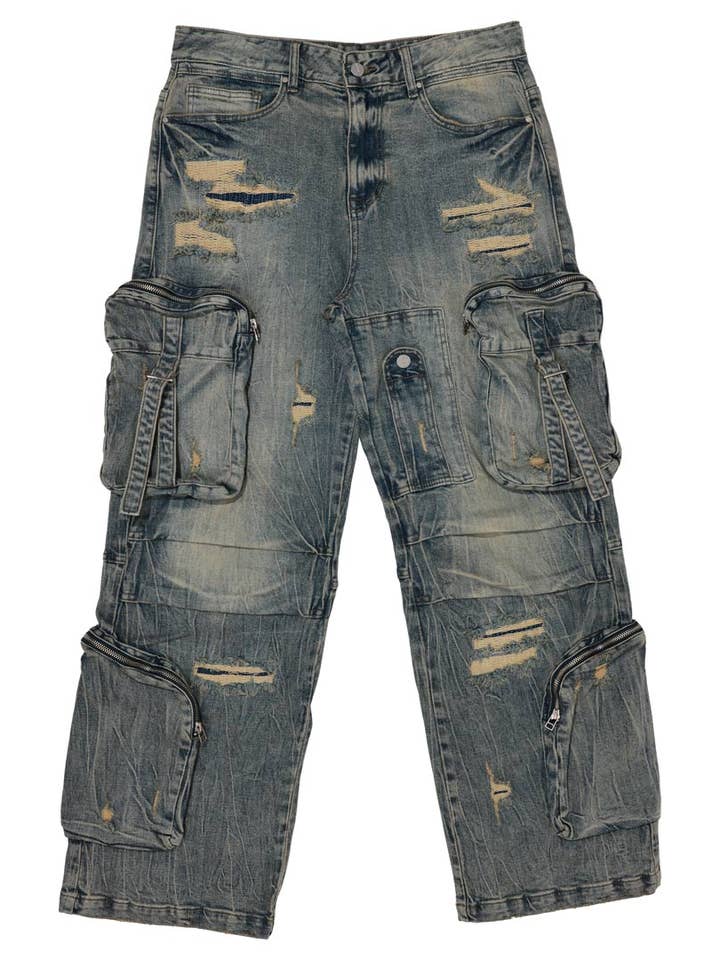 WASHED MULTI CARGO DENIM Y2K PANTS for wholesale by First Row
