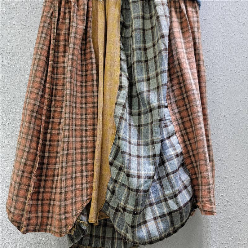 Sanyao Fashion – wholesale Skirt – Women’s – M188 Spliced Plaid Denim High Waist A-Line Midi Skirt5