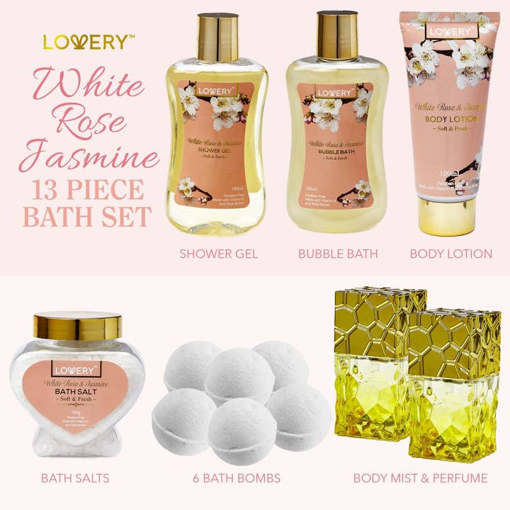 Lovery - Vente Set de bain et corps - Panier cadeau pour le bain et le corps - Rose blanche - Parfum 13 pièces3