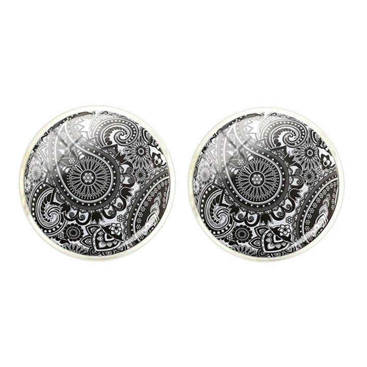 Gemelli Paisley grigi e bianchi con placcatura in argento rodiato per la vendita all'ingrosso da parte di Bassin And Brown