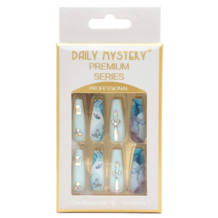 UÑAS POSTIZAS CON PATRÓN DE MÁRMOL, MARIPOSA Y PIEDRAS DE FANTASÍA, JBS 0050 para venta al por mayor de JOIA ACCESSORIES