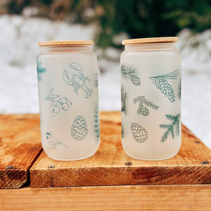 Reclaimed Maine Co. - Wholesale Drinking Glass/Cup - Best of Maine Frosted Can Glasses With Lid + Glass Straw