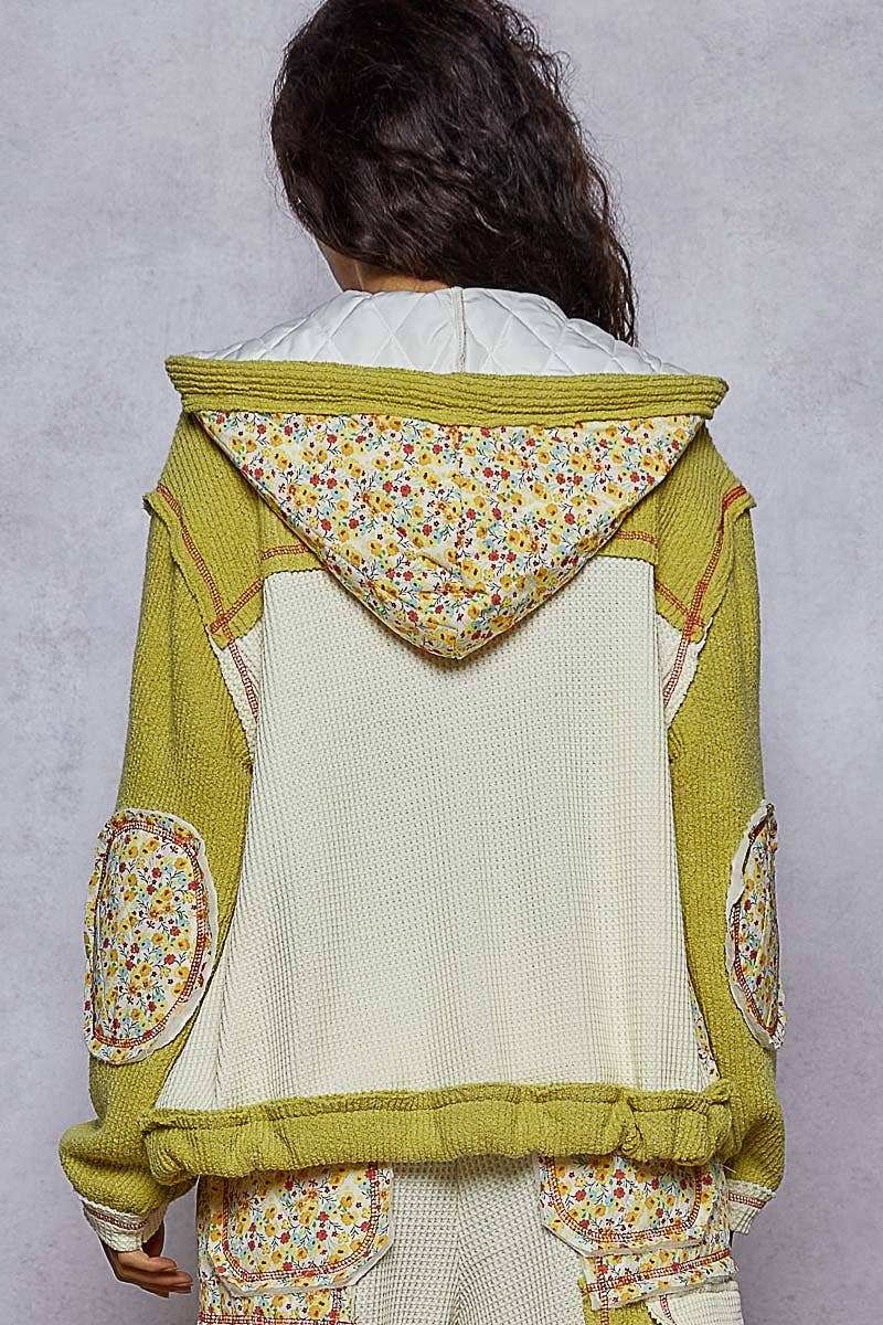 Pol Clothing - Wholesale Jacket - Women's - Balloon Sleeve Quilted Detail Floral Knit Hoodie Jacket SALE10