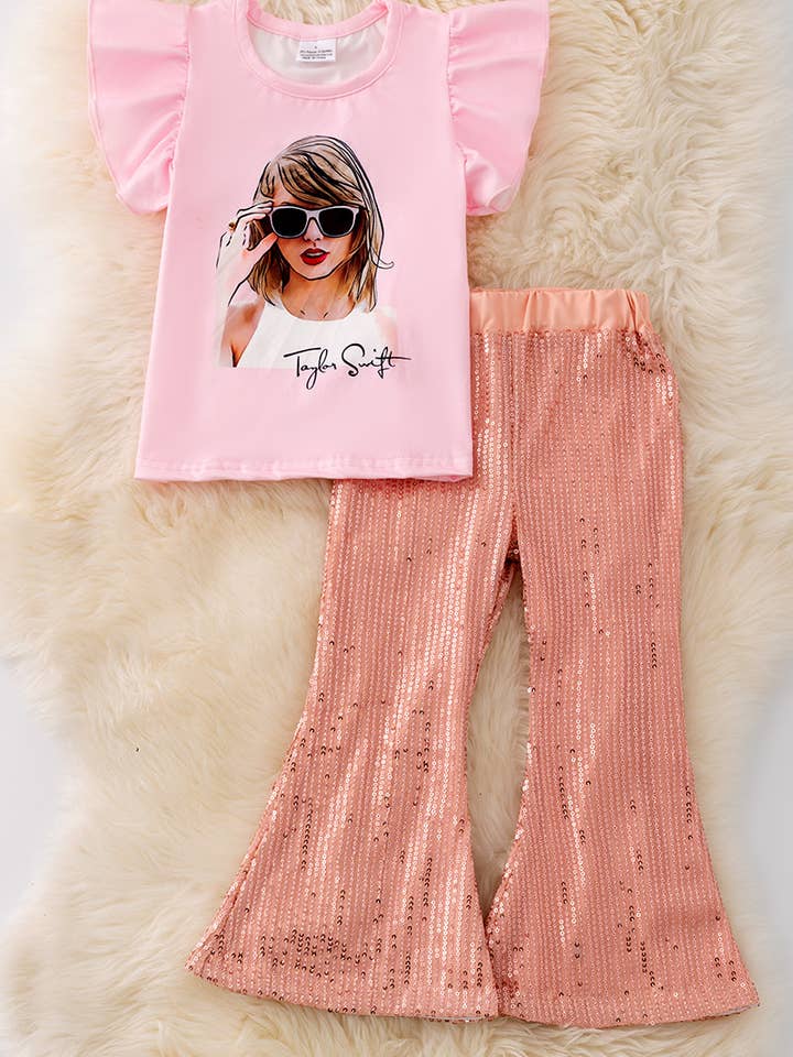 Pink angel sleeve top & sequins bottoms. OFG42723 SOL for wholesale by Kids Charm Online