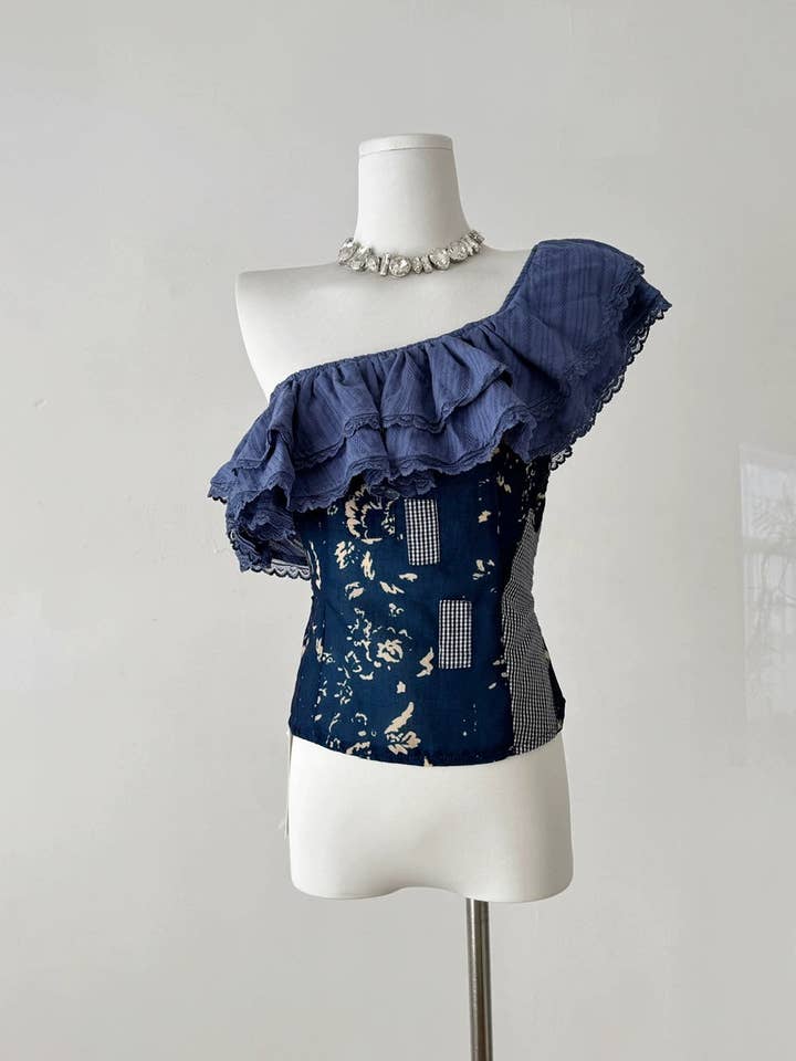 Asymmetrical Ruffle Detail Denim Top for Women for wholesale by StyleGalX