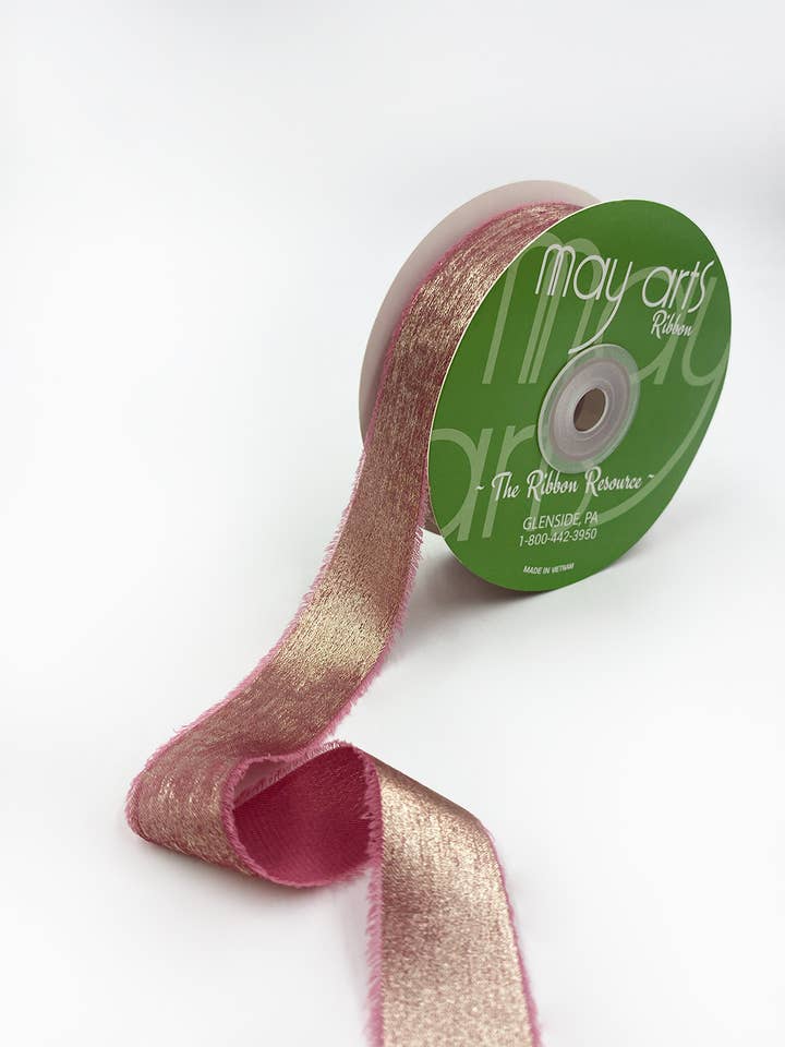 1" Rose Silky Velvet Metallic Ribbon with Fray Edge for wholesale by May Arts Ribbon