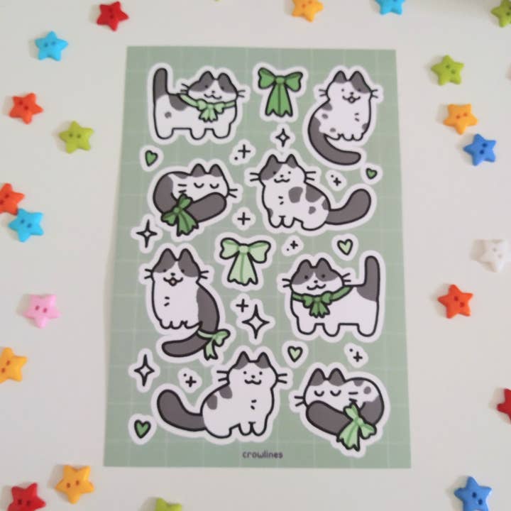 Pretty Bow Kitty (Cow Cat) Sticker Sheet for wholesale by crowlines
