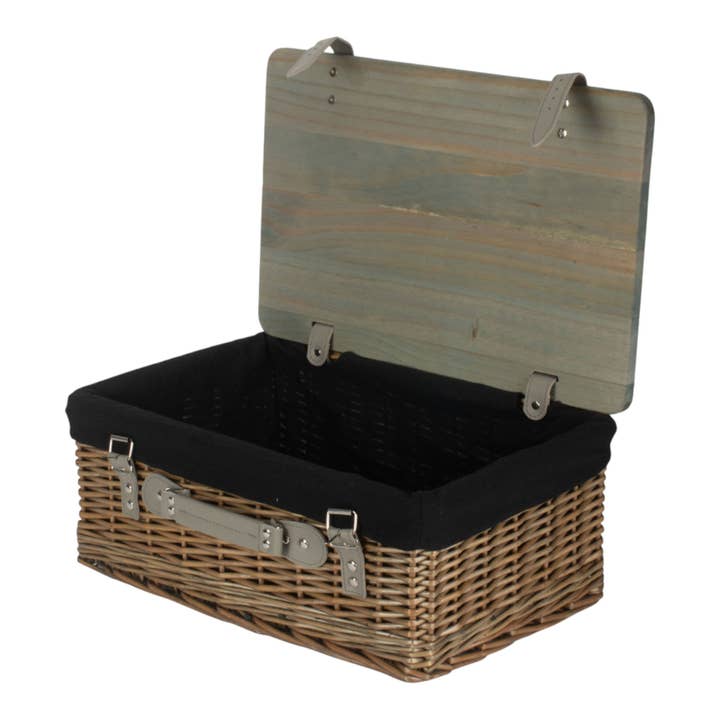 Antique Wash Black Lined Willow Empty Picnic Basket with Pinewood Lid for wholesale by Red Hamper