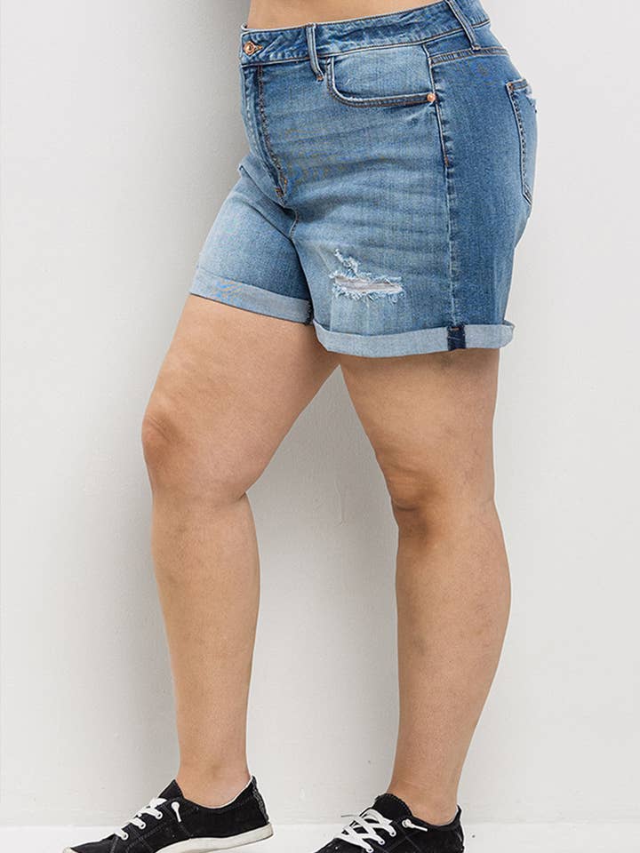 Sneak Peek - Wholesale Shorts - Women's - MID RISE PLUS TOMBOY DENIM SHORTS & CUFF HEM SP-S7389M-PL
