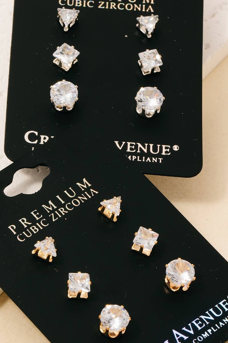 Fame Accessories - Wholesale Stud/Post Earrings - 3Pc Mixed Cubic Zirconia Stud Earrings Set1