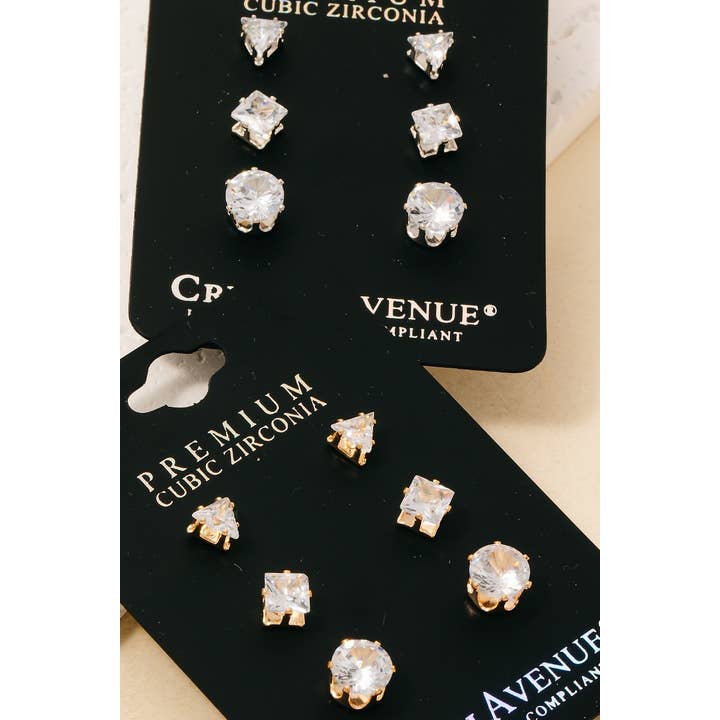 Fame Accessories - Wholesale Stud/Post Earrings - 3Pc Mixed Cubic Zirconia Stud Earrings Set1