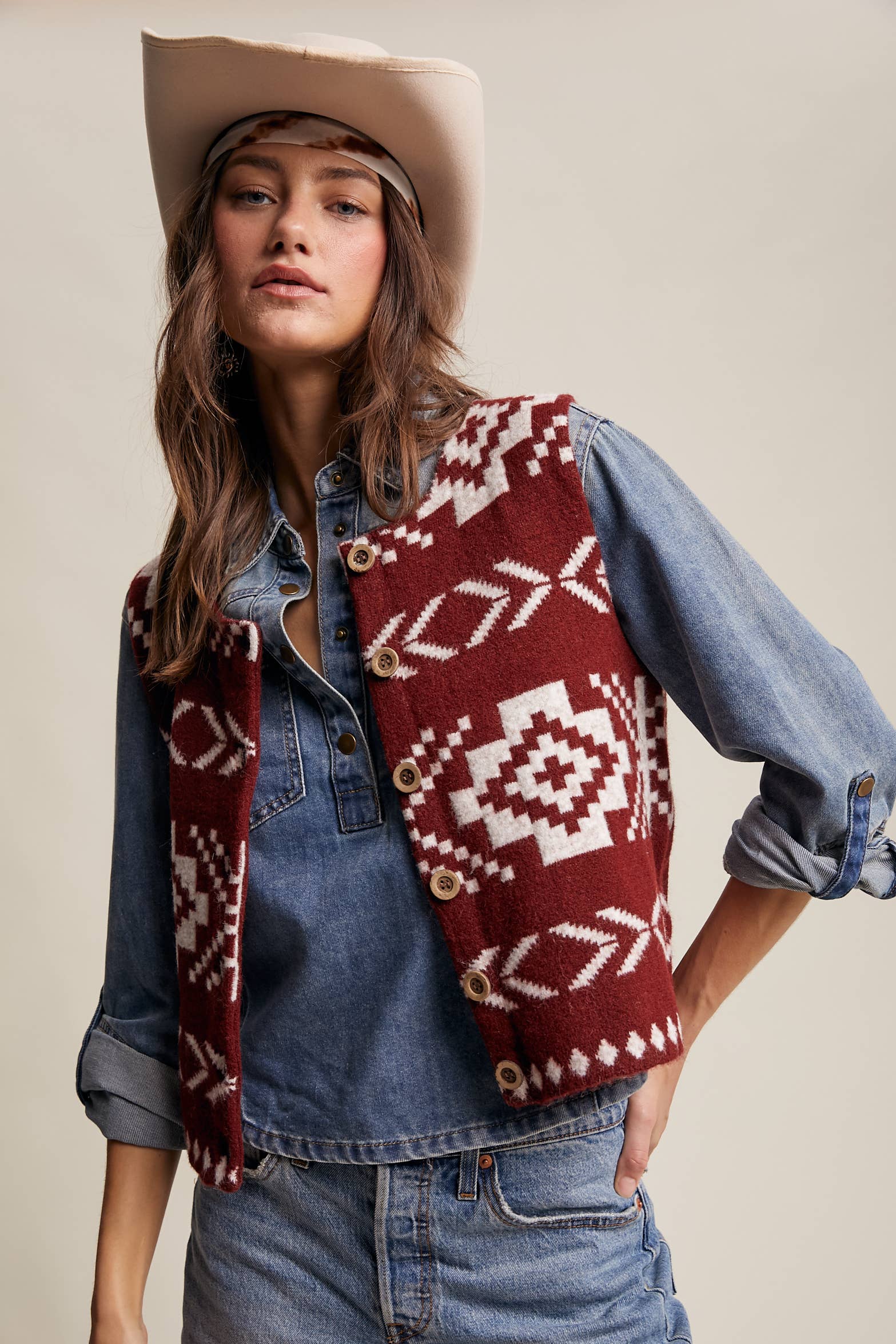 Listicle - Wholesale Sweater Vest - Women's - Southwestern Button-Up Vest LSW097713