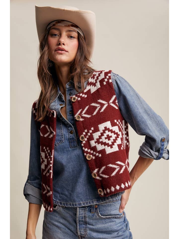 Listicle - Wholesale Sweater Vest - Women's - Southwestern Button-Up Vest LSW097713