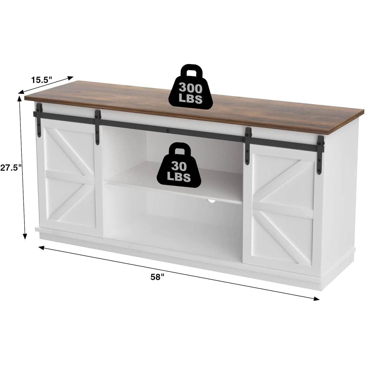 Bright White 65 Inch Farmhouse TV Stand With Sliding Barn Doors for wholesale on Faire6