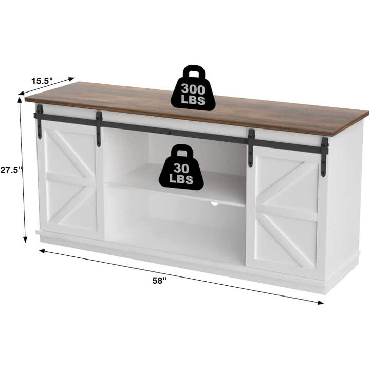Bright White 65 Inch Farmhouse TV Stand With Sliding Barn Doors for wholesale on Faire6