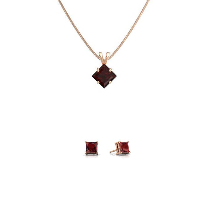 18K Rose Gold 1ct Garnet Square 18 Inch Necklace and Earrings Set Plated for wholesale by Paris Jewelry