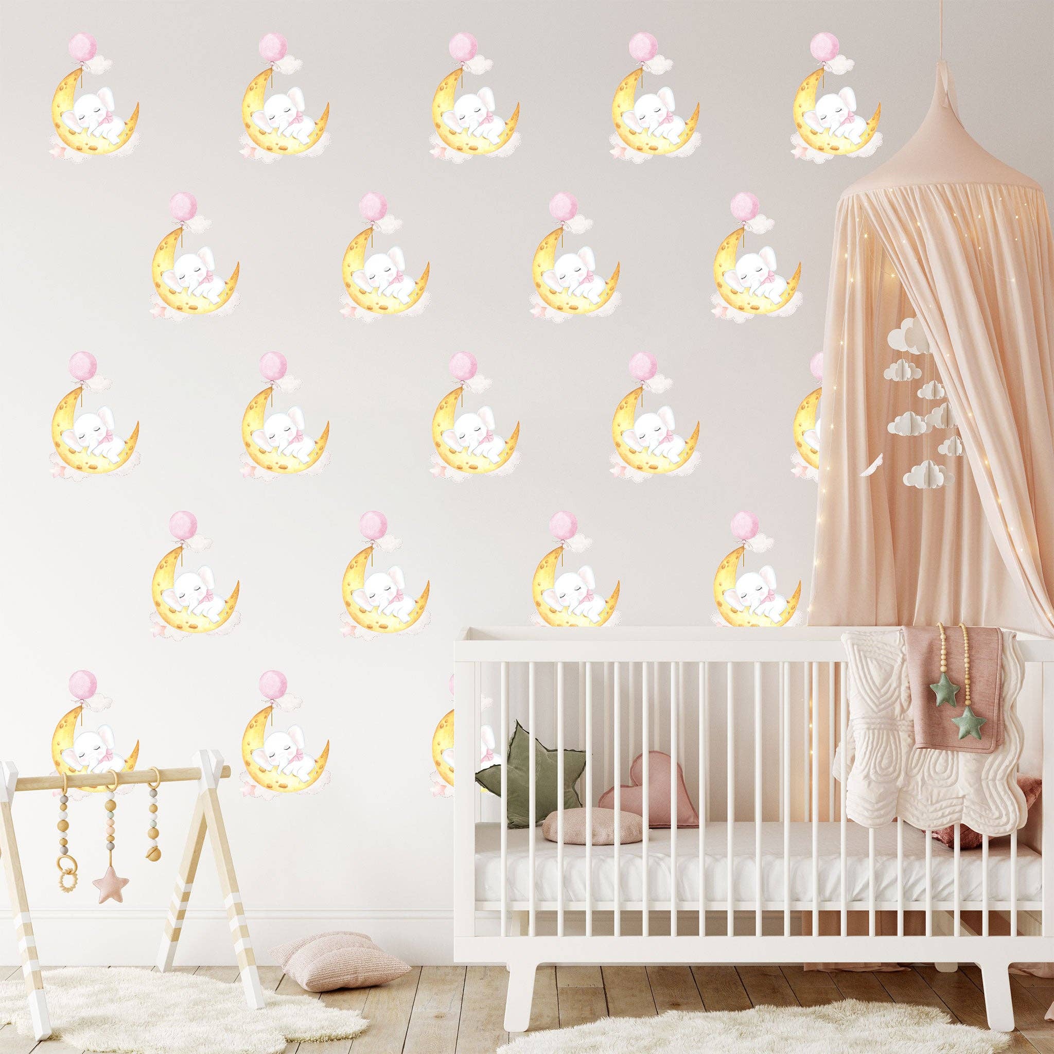Hello Beautiful Designs - Vente Décoration murale – enfant et bébé - Adorable mini éléphant endormi sur la lune avec ballon rose flottant, autocollant mural réutilisable pour chambre d'enfant, décoration murale pour chambre d'enfant1