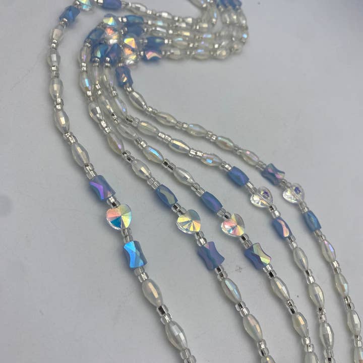 MaddieMayShop - Wholesale Beaded Bracelet - Cloud Mist | Waist Bead for the New Year | Waist Beads – Luxury Tie-On Beaded Jewelry | Crystal & Silver with Blue | Body Adornment & Weight Tracking- PRice per WaistBead | 45–Inches6