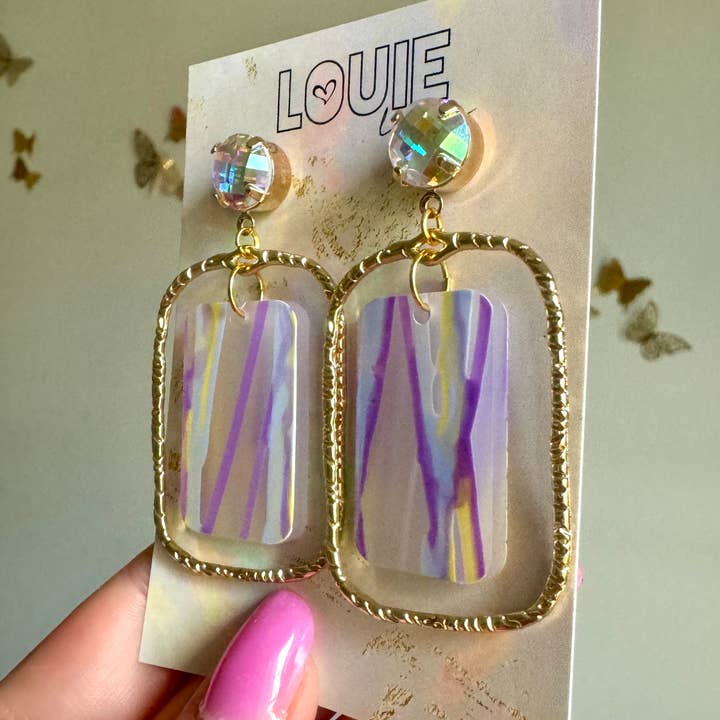 Louie Love - Wholesale Dangle Earrings - Purple Yellow Gold Louisiana Mardi Gras Acrylic Earrings1