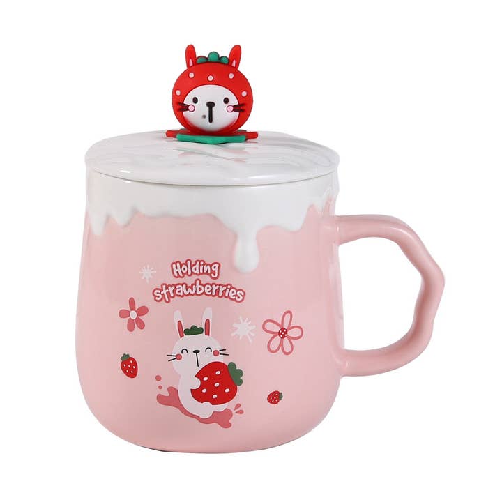Urban Tokyo - Wholesale Coffee Mug - Strawberry Bunny Rabbit Pink 14oz Mug With Lid and Spoon (12/36)