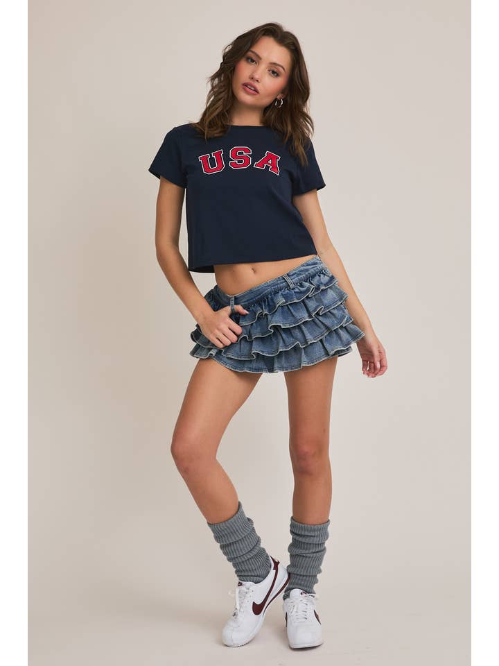 LE LIS - Wholesale Screen Printed T-Shirt - Women's - "USA" GRAPHIC SHORT SLEEVE CREW NECK BABY TEE