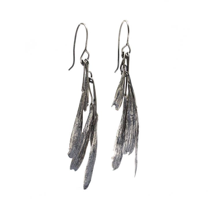 ash seed large bunch feather earrings for wholesale by tree trunk arts