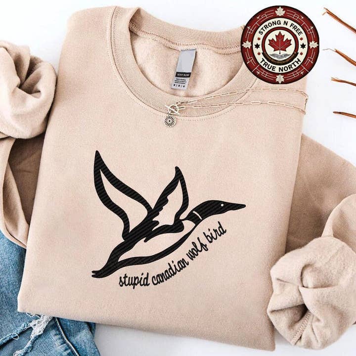 Embroidered Stupid Canadian Wolf Bird Crewneck for wholesale by STRONG N FREE CDN