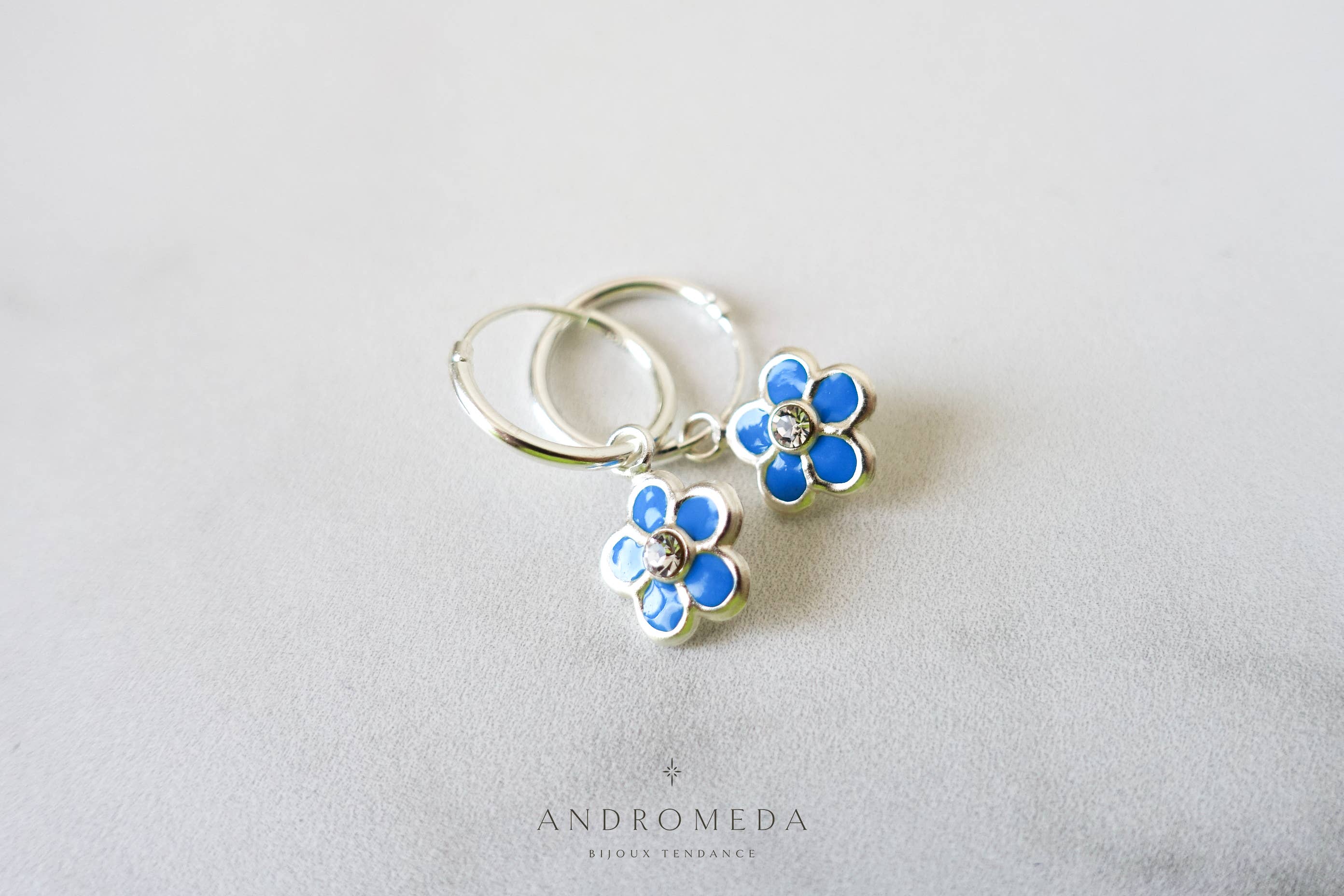 Andromeda Bijoux - Wholesale Huggie Earrings - Enamel Flower Huggies, Colorful Crystal 925 Silver Earrings6