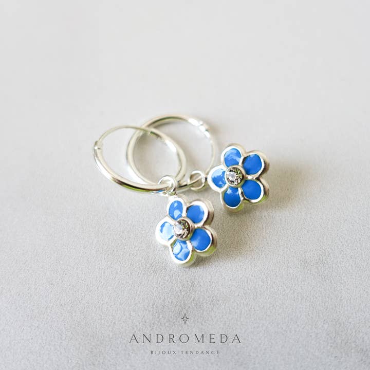 Andromeda Bijoux - Wholesale Huggie Earrings - Enamel Flower Huggies, Colorful Crystal 925 Silver Earrings6