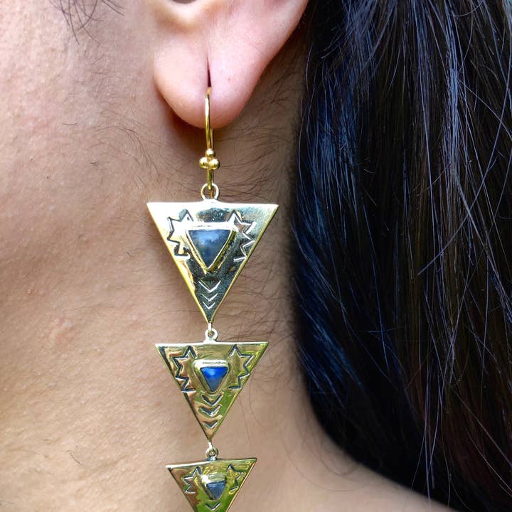 Brass Triple Triangle Labradorite Earrings / Southwestern for wholesale by JAYA MOKSHA