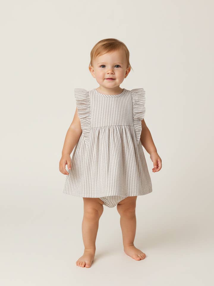 Ecru and Grey Pin Stripe Flutter Sleeves Dress and Bloomers for wholesale by Yo Baby