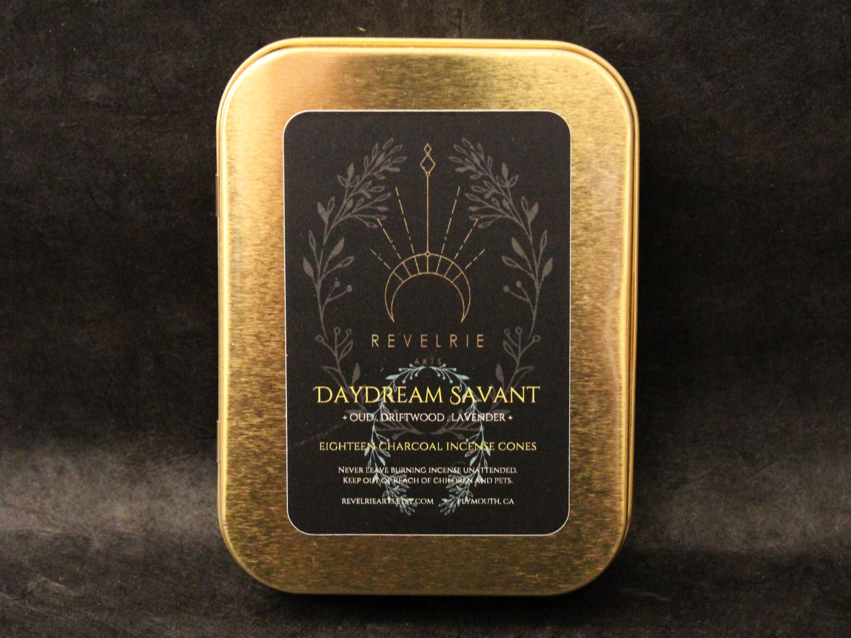 Revelrie Arts - Wholesale Incense - Daydream Savant - Charcoal Incense Cones In Gold Tin