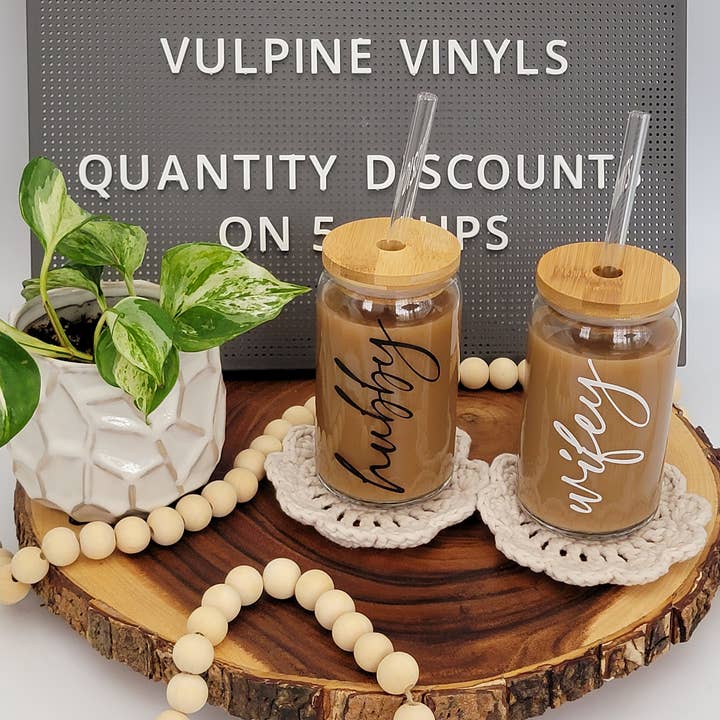 Hubby & Wifey Glass Can Set 16 or 20oz for wholesale by Vulpine Vinyls