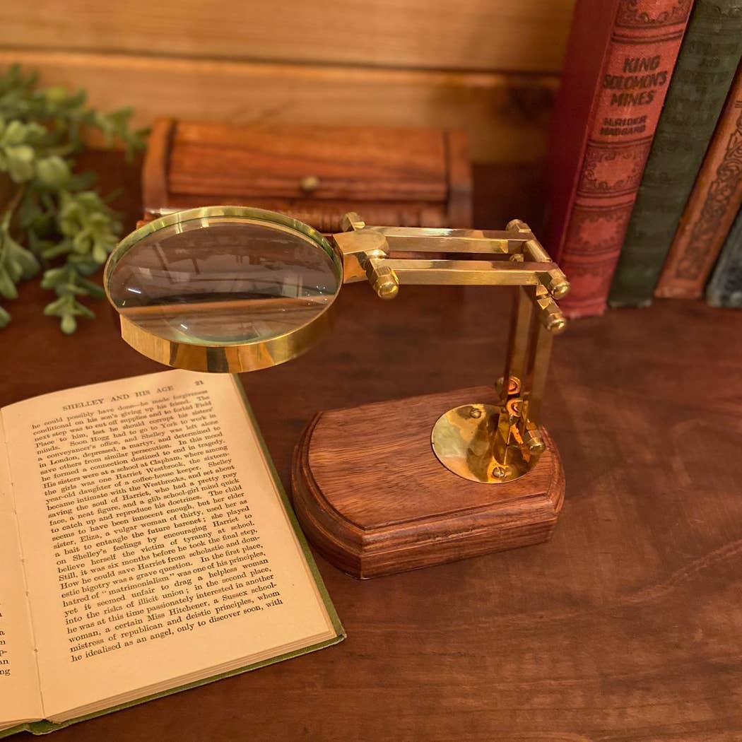 Madison Bay Co. - Historical Home Decor Reproductions - Wholesale Magnifying Glass - Antiqued Brass Desk-Top Magnifier on Solid Wood Base, 3"4