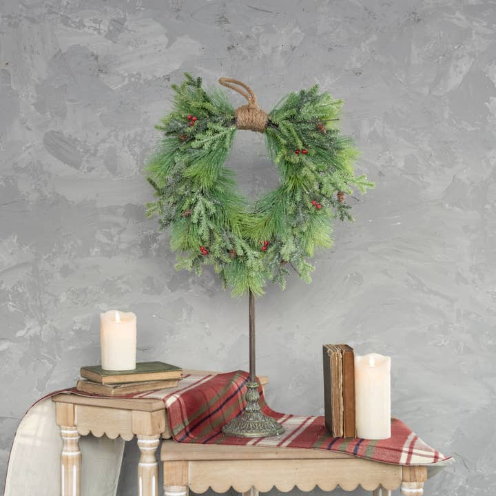 Ragon House - Wholesale Wreath - 20" GLITTERED PINE & RED BERRY HANGING WREATH