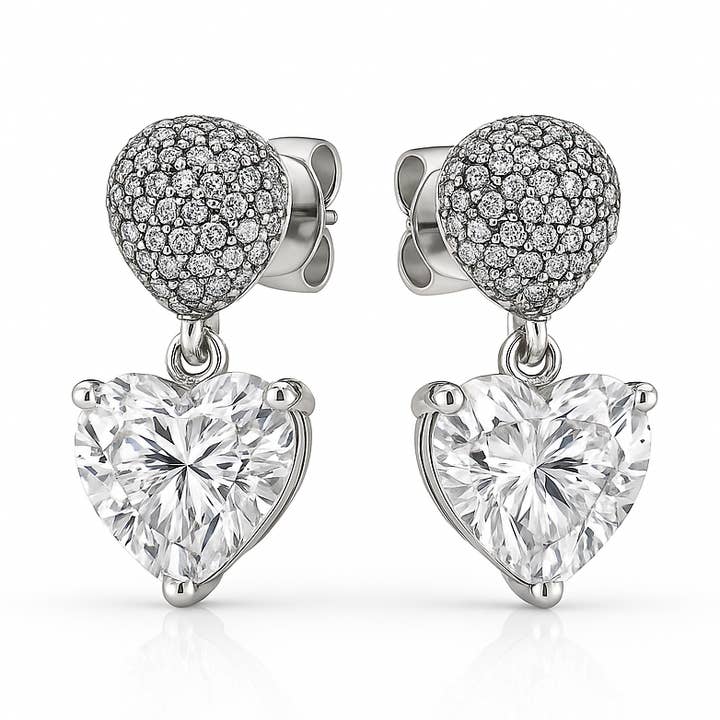 Heart Drop Stud Earrings with White Gold Plating & Cubic Zirconia for wholesale by Sedy Jewelry