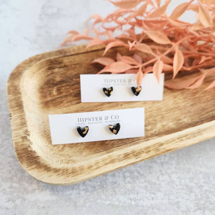Black and Gold Heart Stud Earrings for wholesale by Hipster & Co