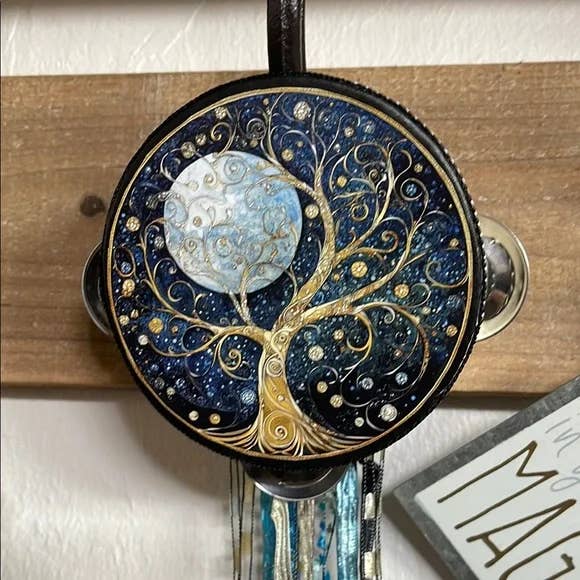 Mystical Blue and Gold Tree Wall Hanging Tambourine for wholesale by Bodhi Leaf Market