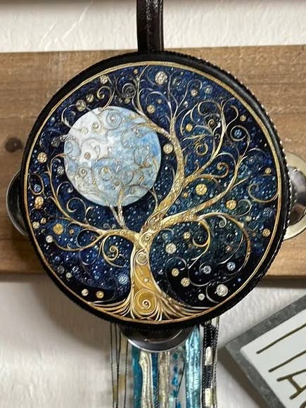 Mystical Blue and Gold Tree Wall Hanging Tambourine for wholesale by Bodhi Leaf Market