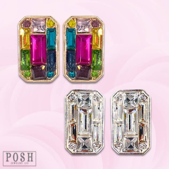 Pink Panache Brands - Wholesale Stud/Post Earrings - Rectangle rhinestones stud earring, last call