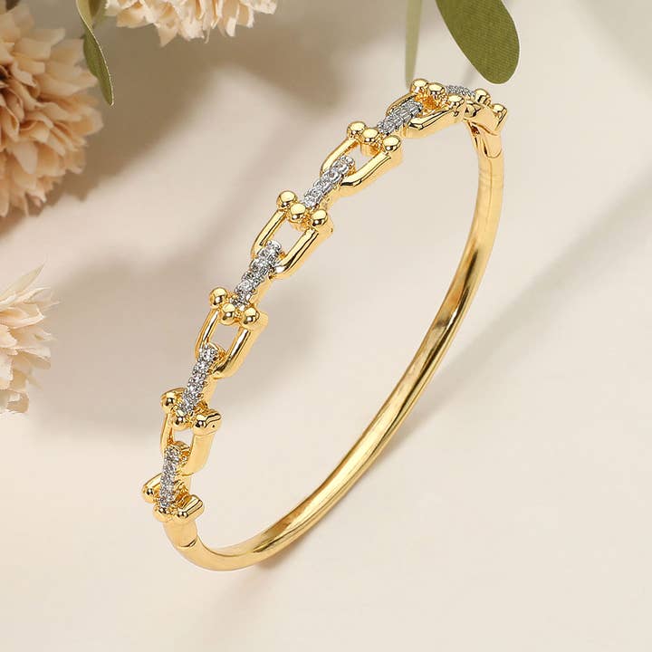 SECRET BOX_Stainless Steel Rhinestone Pave Link Industrial Chain Design Hinged Bangle Bracelet for wholesale by Sensibling Corp.